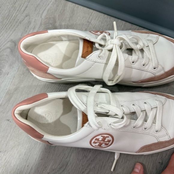 Tory Burch Sneakers Andrea Leather Colorblock Pattern in White Suede Pink - Picture 6 of 9